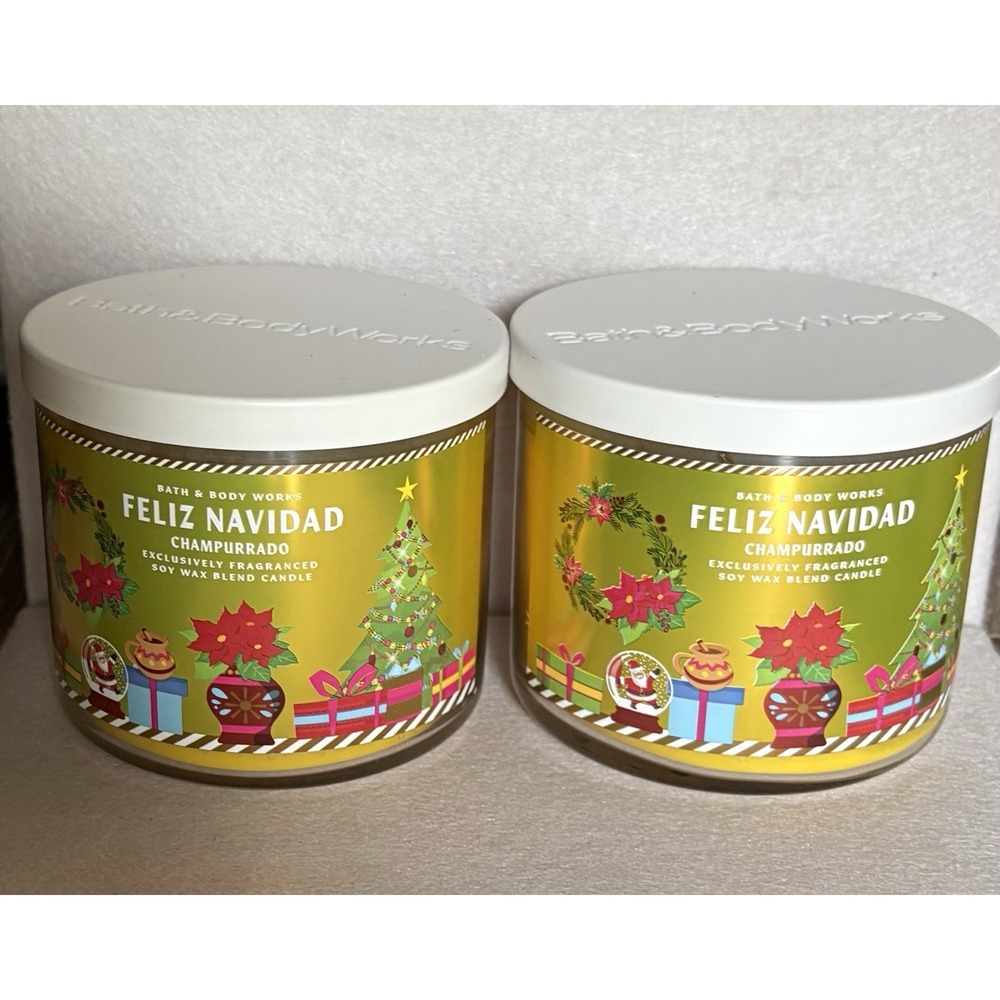 2 BATH & BODY WORKS 3-WICK SCENTED CANDLE CHAMPURRADO FELIZ NAVIDAD NEW